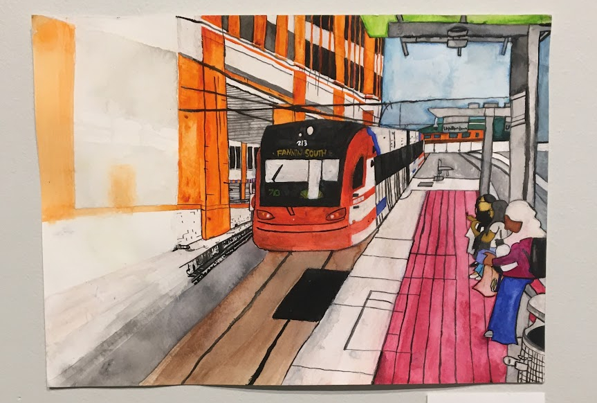 a non-finito painting of a tram coming to a university